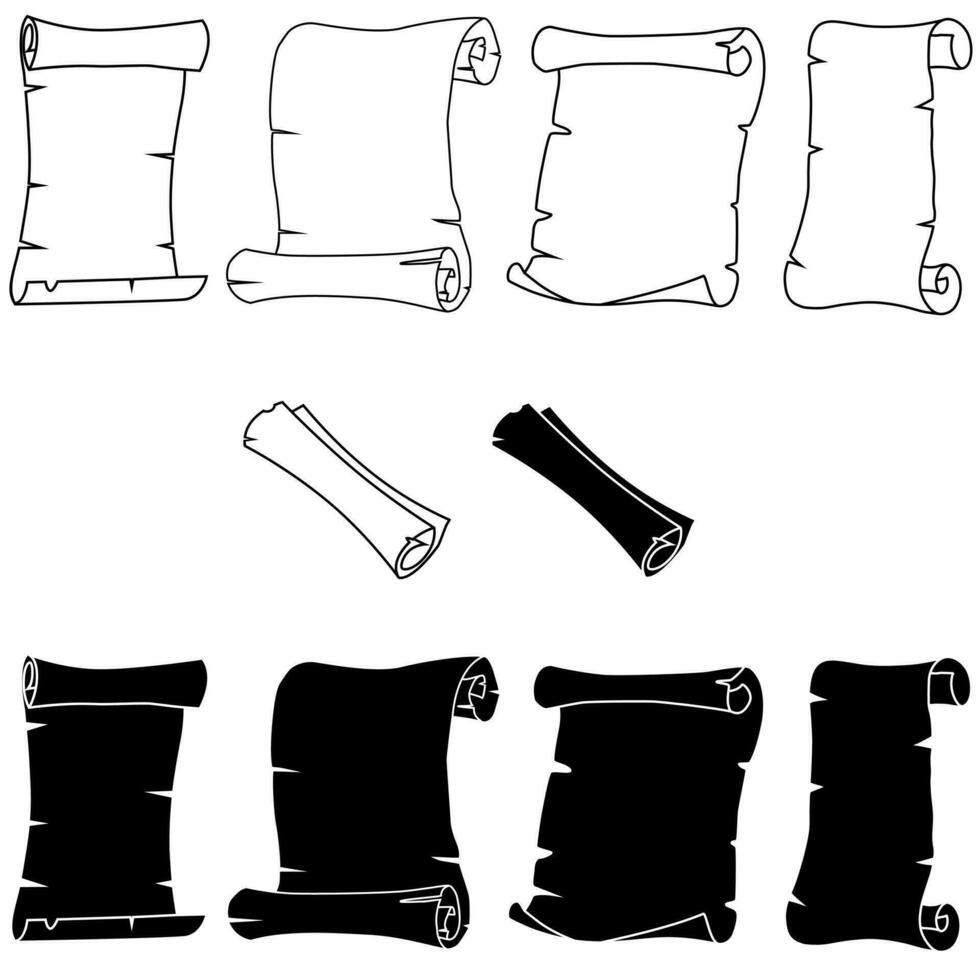 rolagem papel ícone vetor definir. pergaminho ilustração placa coleção. crônica símbolo ou logotipo.