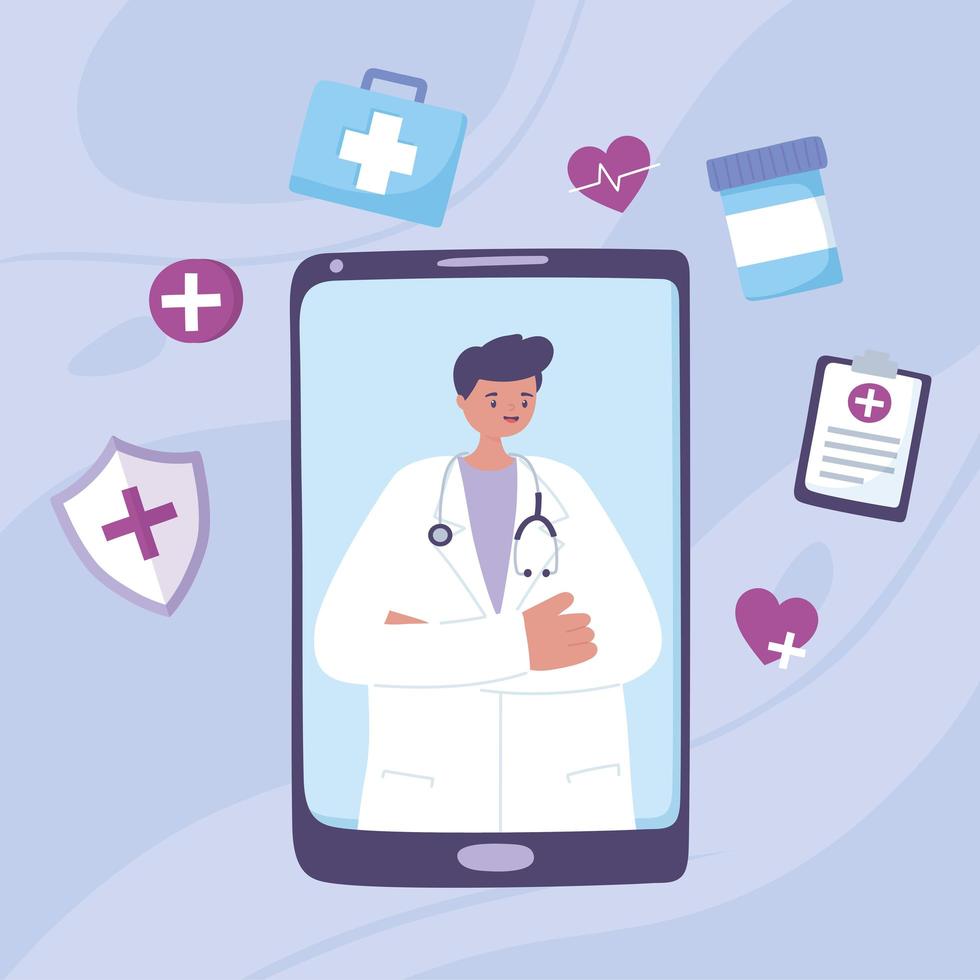 conceito de telemedicina com médico no smartphone vetor