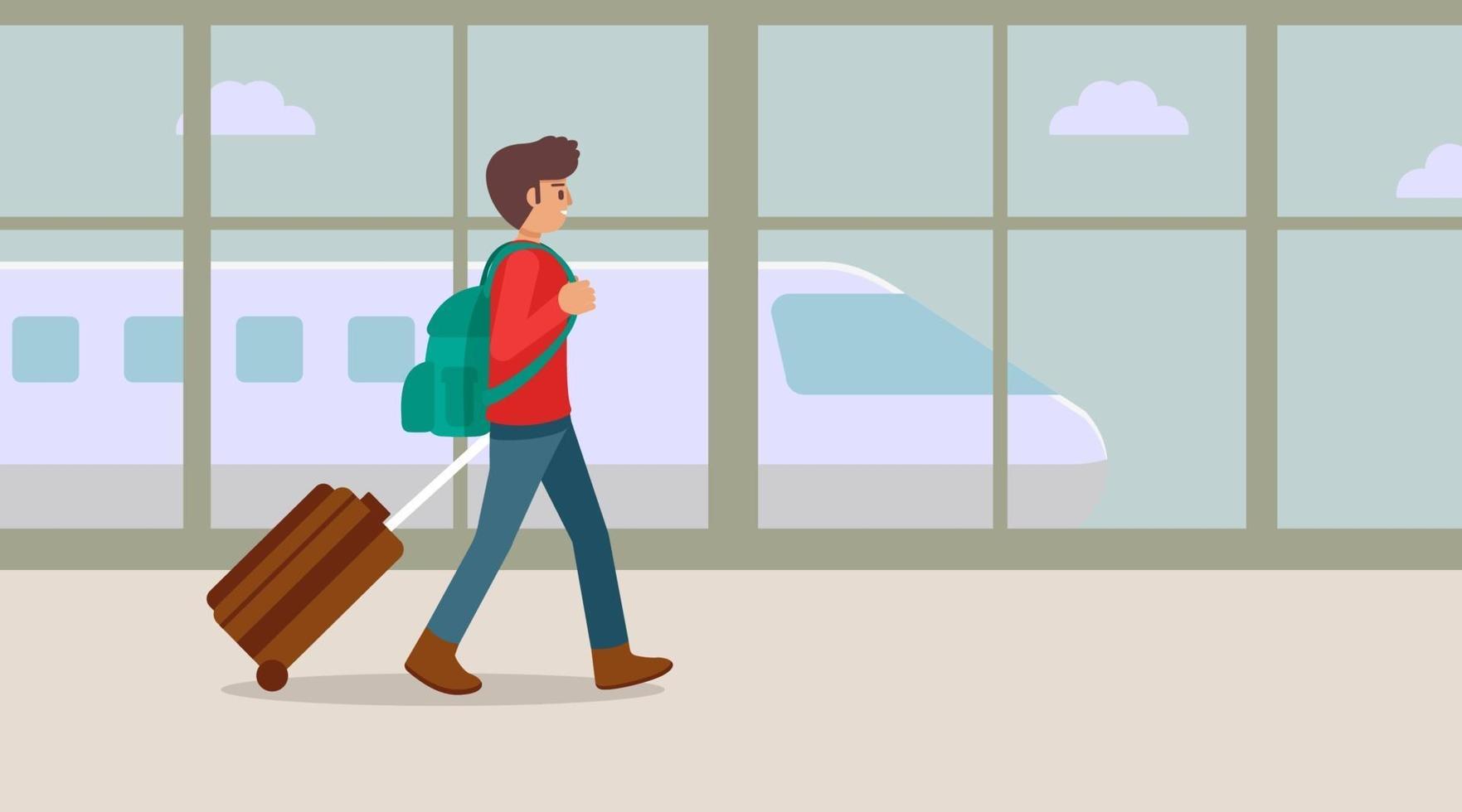 jovem viajando caminhando no terminal do aeroporto com a mala, ilustração vetorial vetor