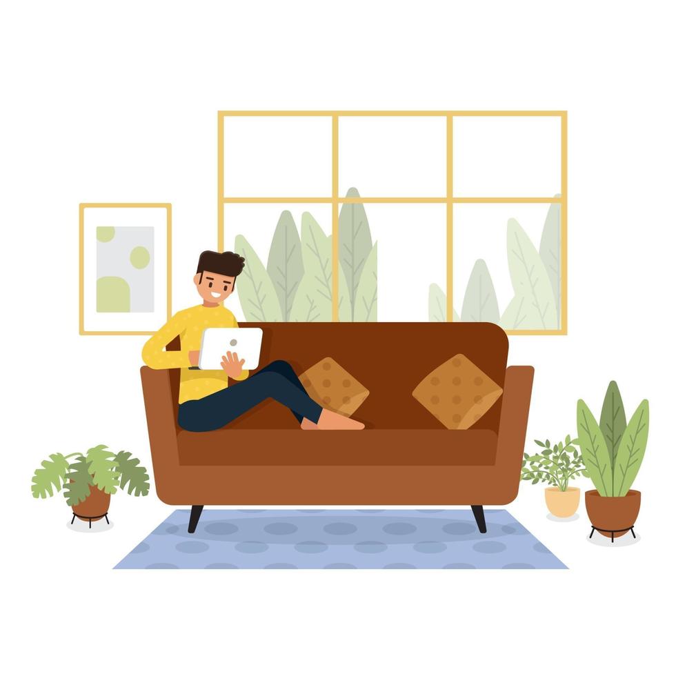 ficar em casa, quarentena, pessoas em casa, quarto ou apartamento, jovem relaxando no sofá, ilustrador vetorial vetor