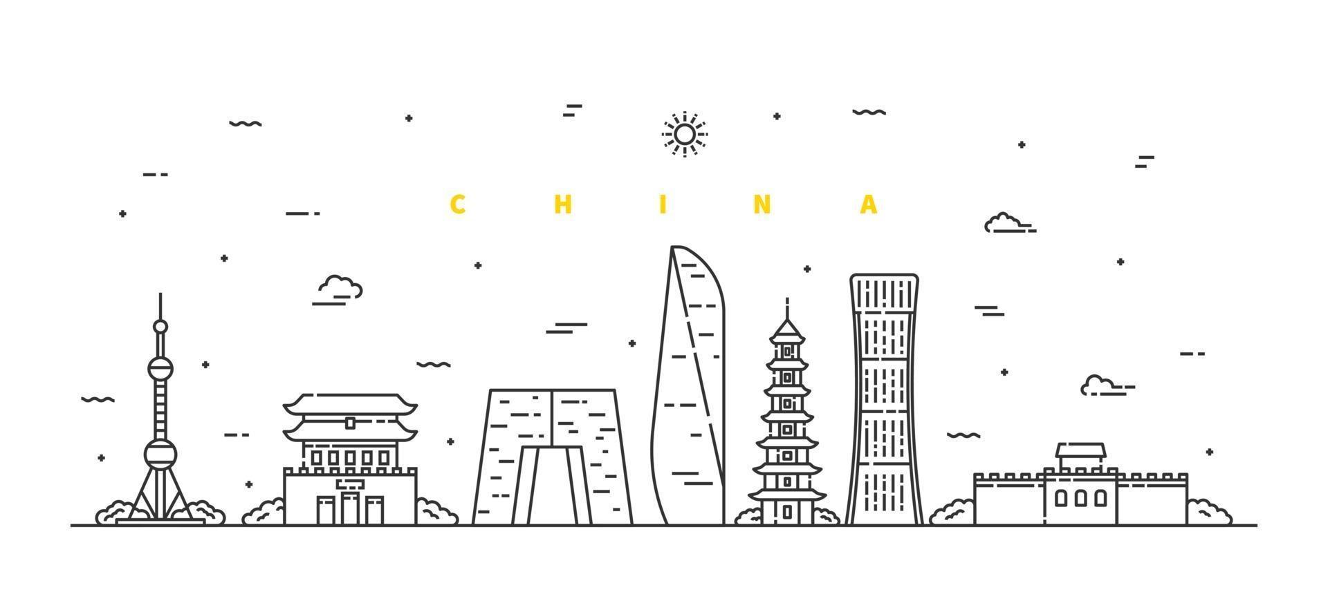 paisagem da China. vetor de paisagem moderna linha plana. ilustração de arte de linha de paisagem urbana com edifício, torre, arranha-céus, templo. ilustração vetorial.