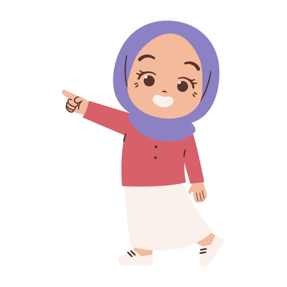 muçulmano menina criança com apontando dedo vetor