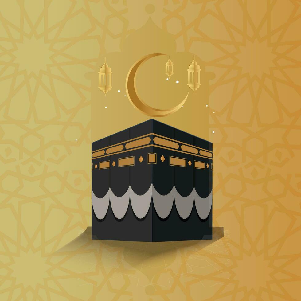 islâmico hajj peregrinação fundo elegante 3d plano arquitetura crescente suspensão luzes decoração vetor