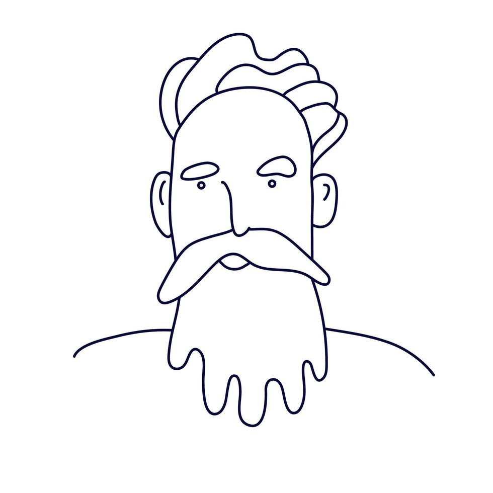 rabisco retrato do uma legal homem com à moda corte de cabelo, uma barba e uma bigode. isolado contorno. mão desenhado vetor ilustração dentro Preto tinta em branco fundo.