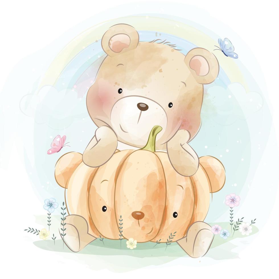 urso fofo com ilustração floral vetor