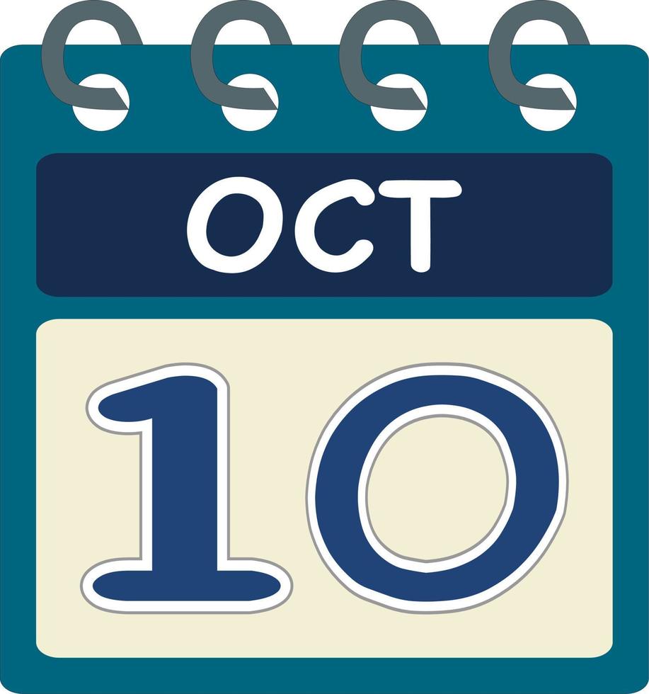 plano ícone calendário 10 do Outubro. data, dia e mês. vetor ilustração . azul cerceta verde cor bandeira. 10 outubro 10º do outubro livre vetor.