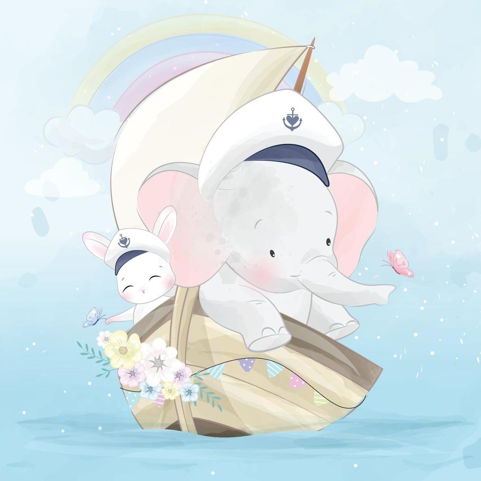 ilustração de elefante fofo com coelho em um barco vetor