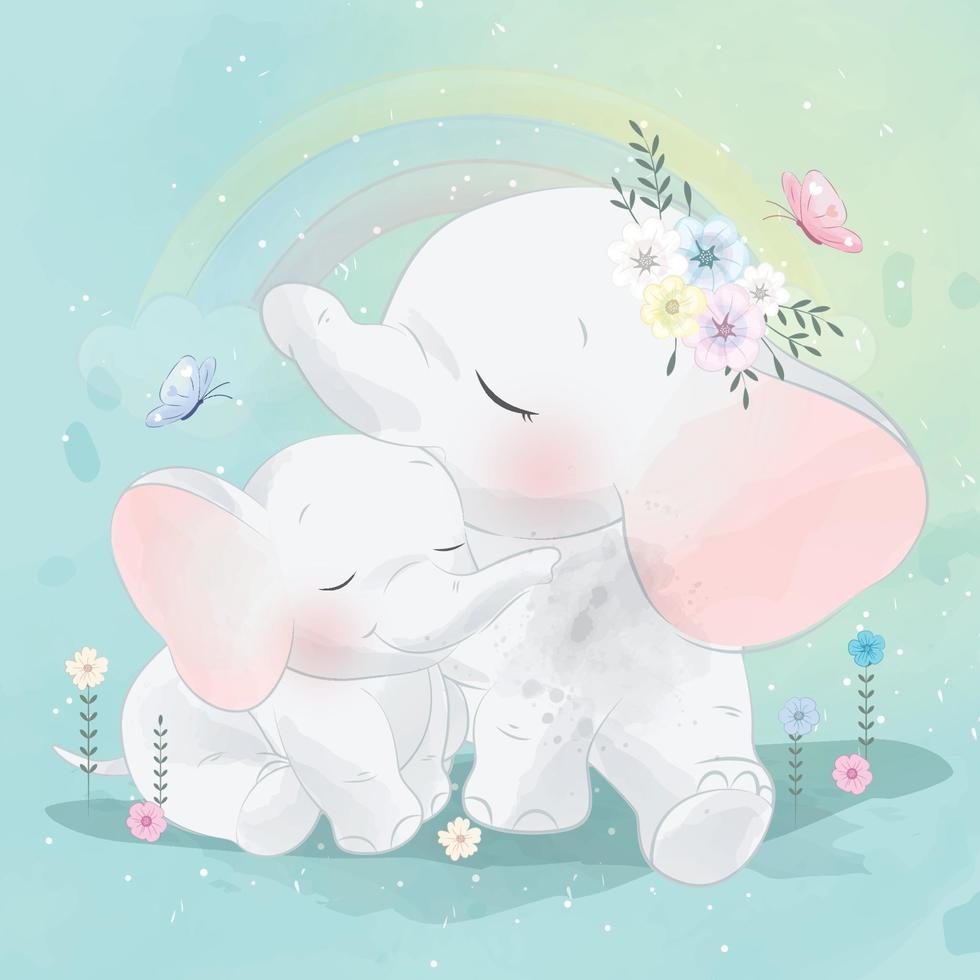 ilustração de mãe e bebê elefante fofo vetor