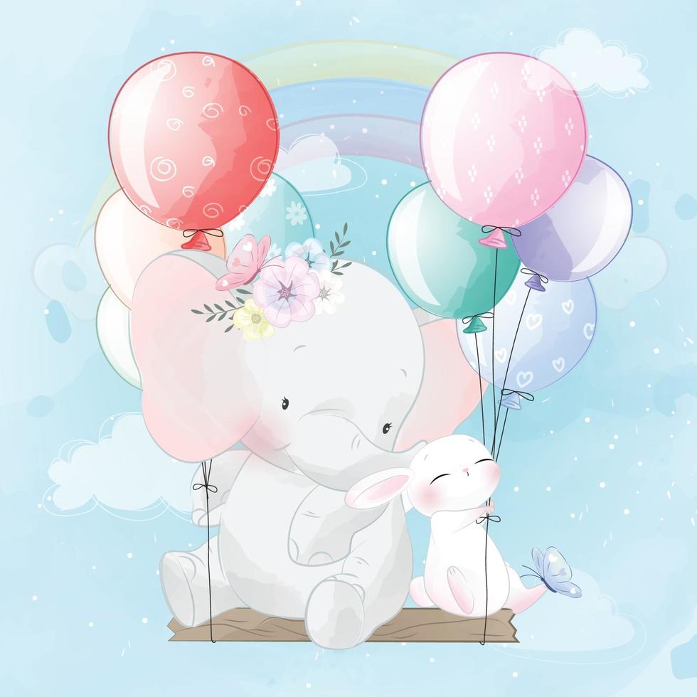 elefante fofo com coelho voando com ilustração de balões vetor