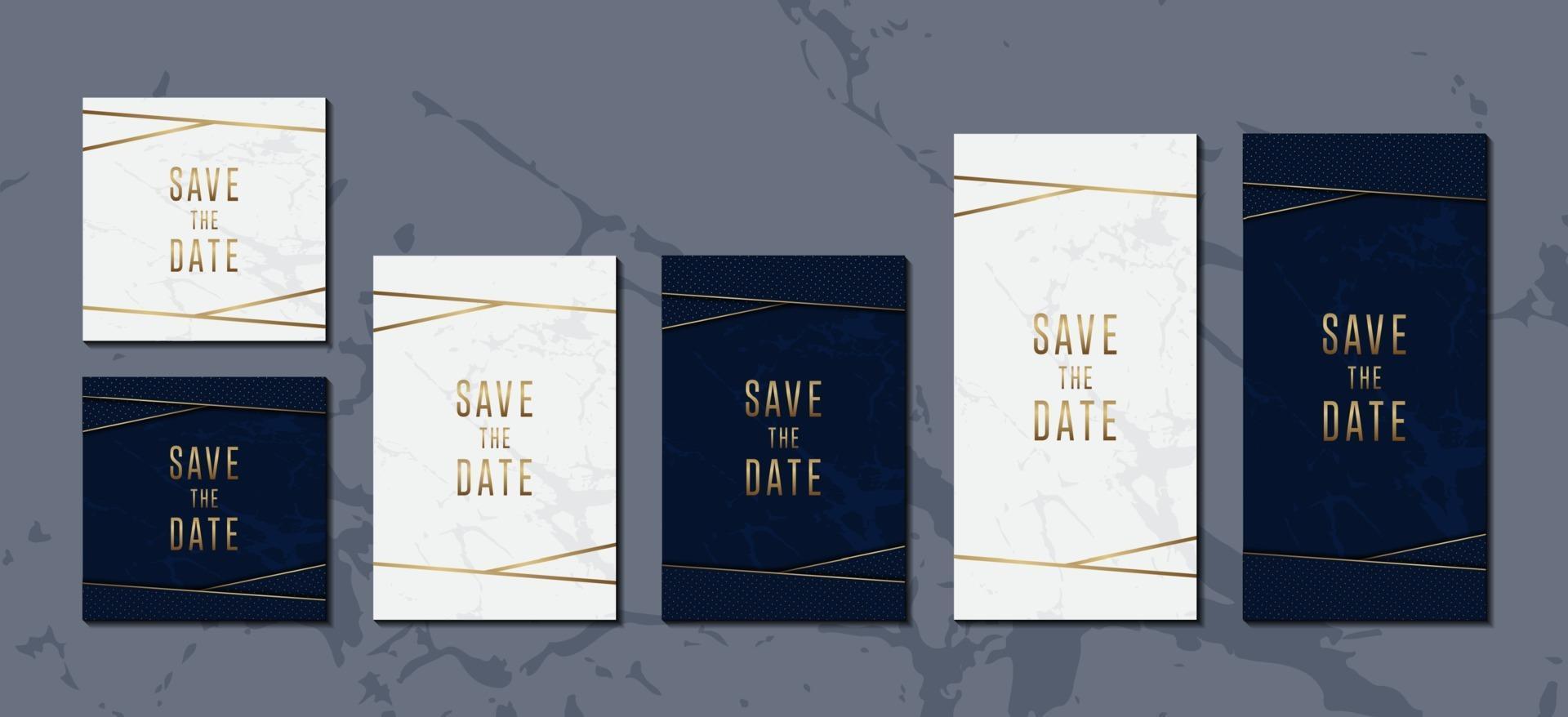 cartão de convite de casamento conjunto de modelo de design elegante textura de mármore azul e dourado vetor