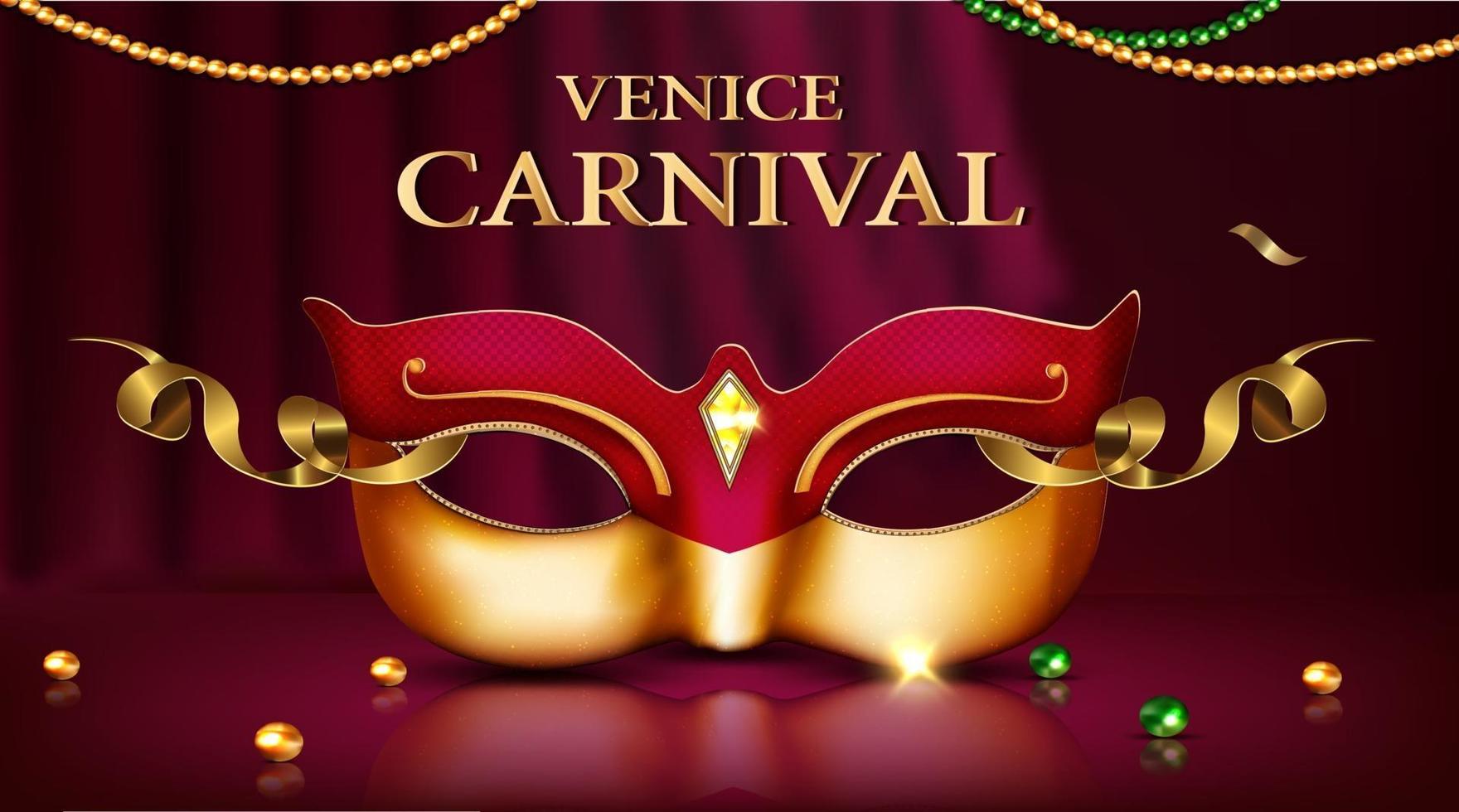 cartaz do carnaval de Veneza máscara preta ornamentada com diamantes e moldura dourada vetor