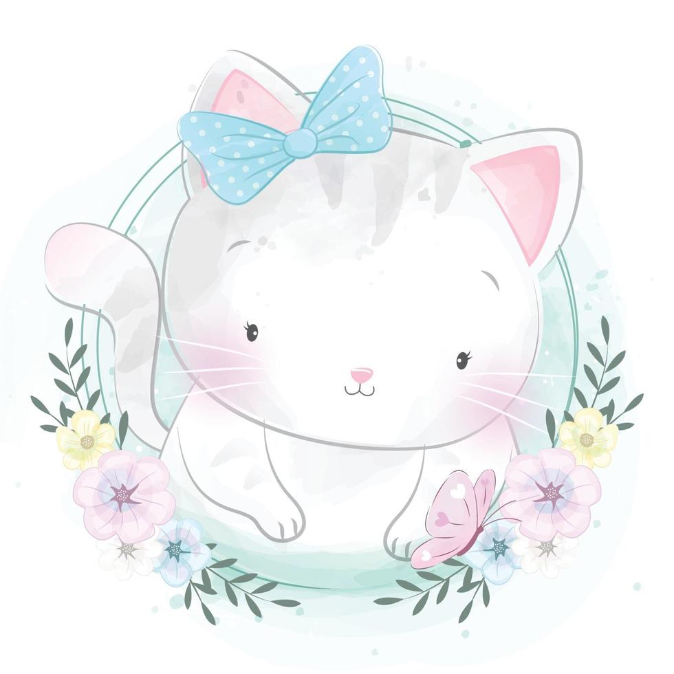 gatinho fofo com ilustração floral vetor