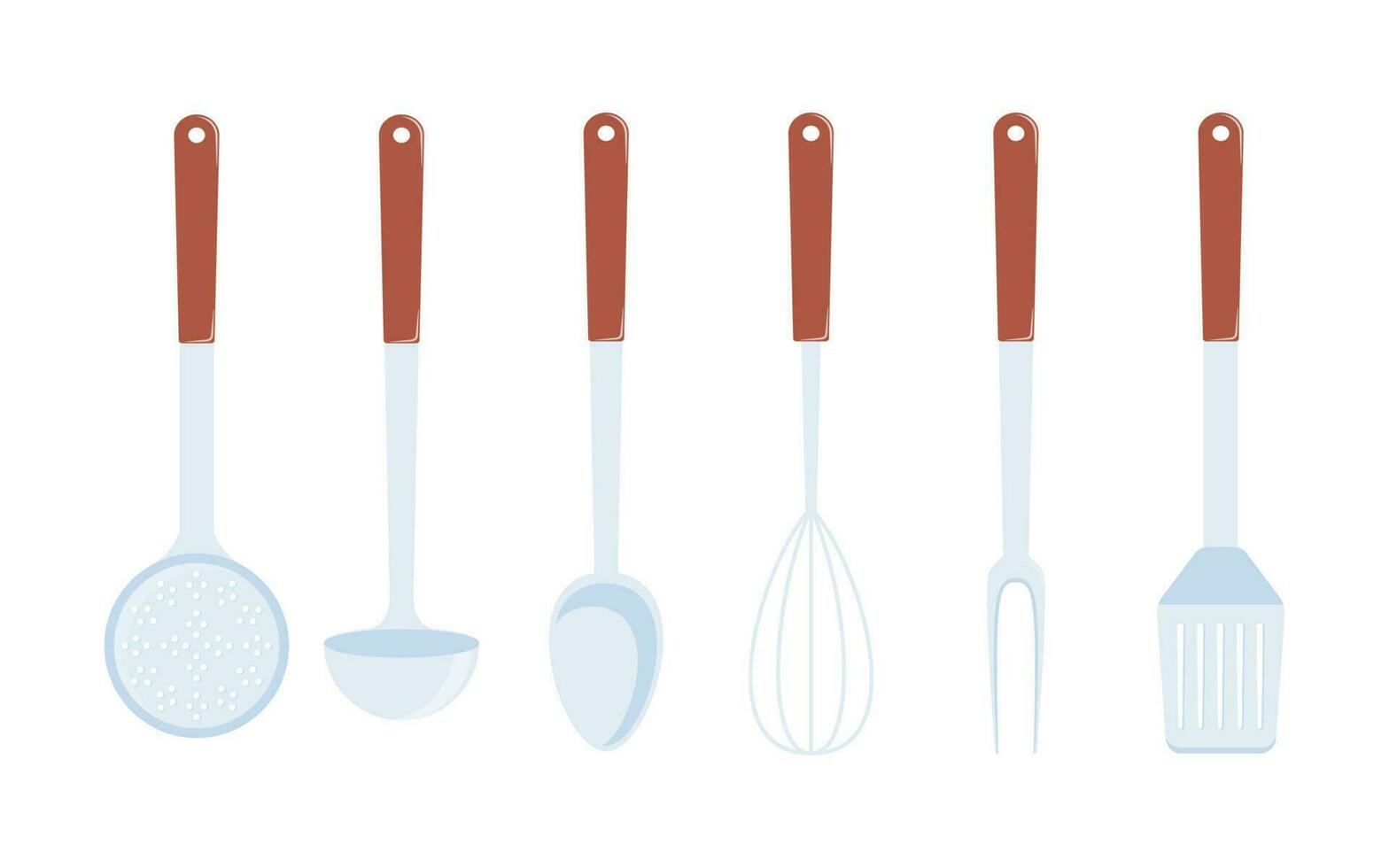 utensílios de cozinha, conjunto. concha, espátula, batedor, escumadeira, colher, ilustração vetorial isolada. vetor