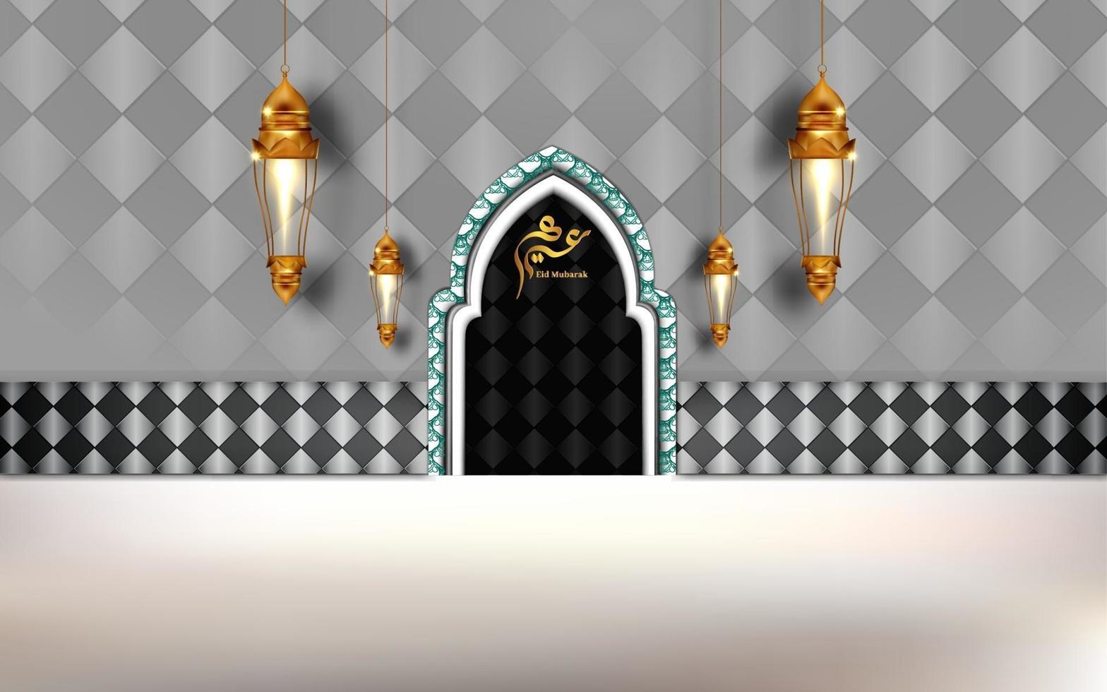 Design eid mubarak com ambiente de porta interior luxuoso vetor