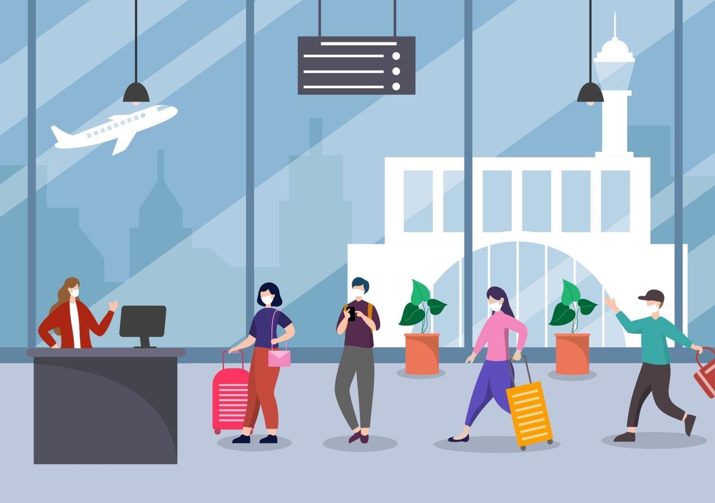 novo normal, ilustração vetorial, pessoas com máscaras observam distanciamento social no interior do aeroporto, fila de check-in e design plano de viagens vetor