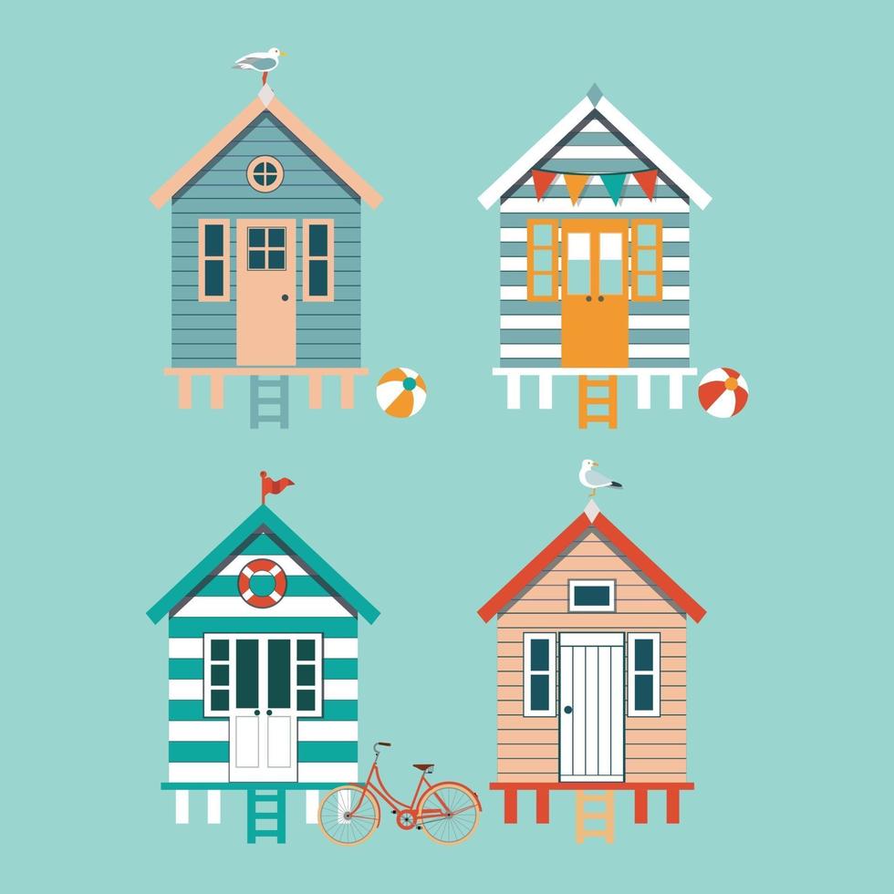 conjunto de cabanas de praia coloridas com gaivota, bandeiras, bicicleta sobre fundo azul. ilustração vetorial. vetor