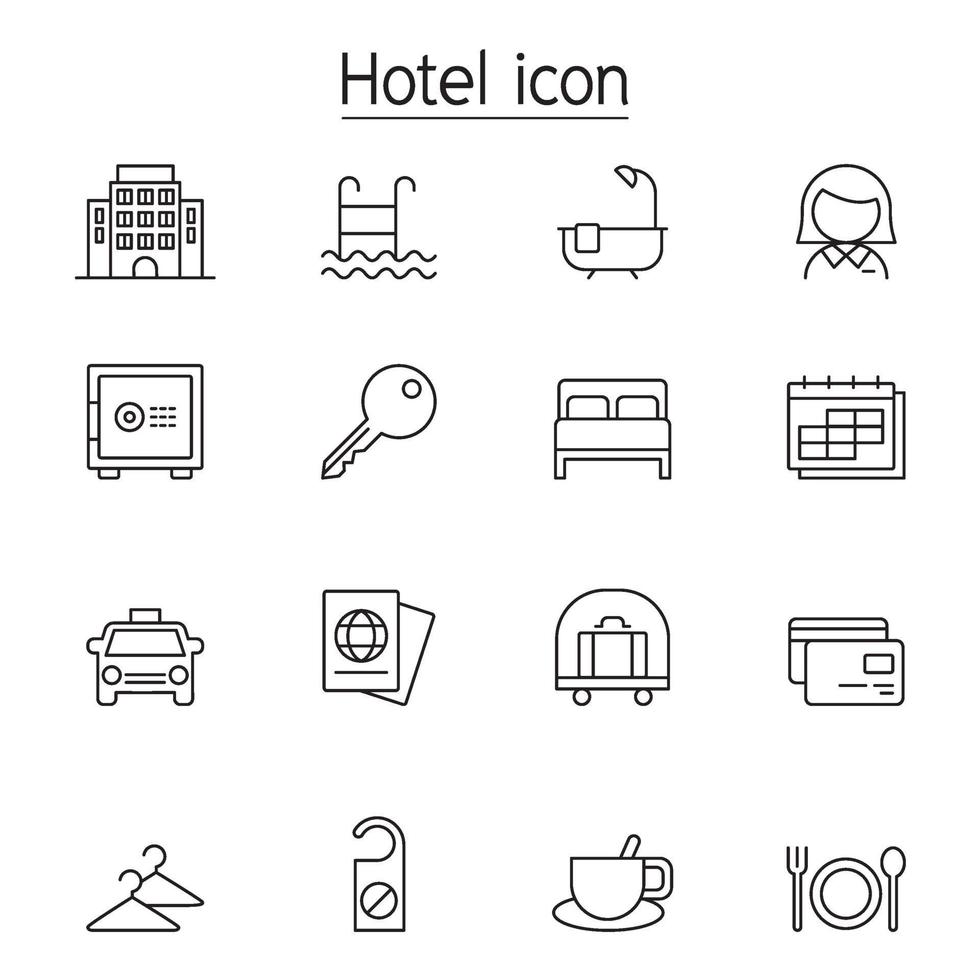 ícone de hotel definido em design gráfico de ilustração vetorial de estilo de linha fina vetor