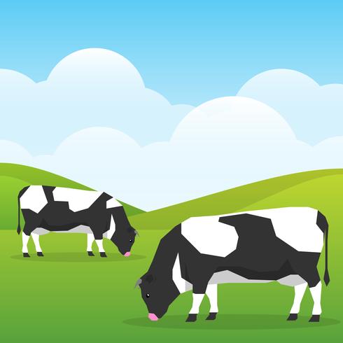 Vacas pastam em um campo de bom dia ensolarado na ilustração de fundo de natureza vetor