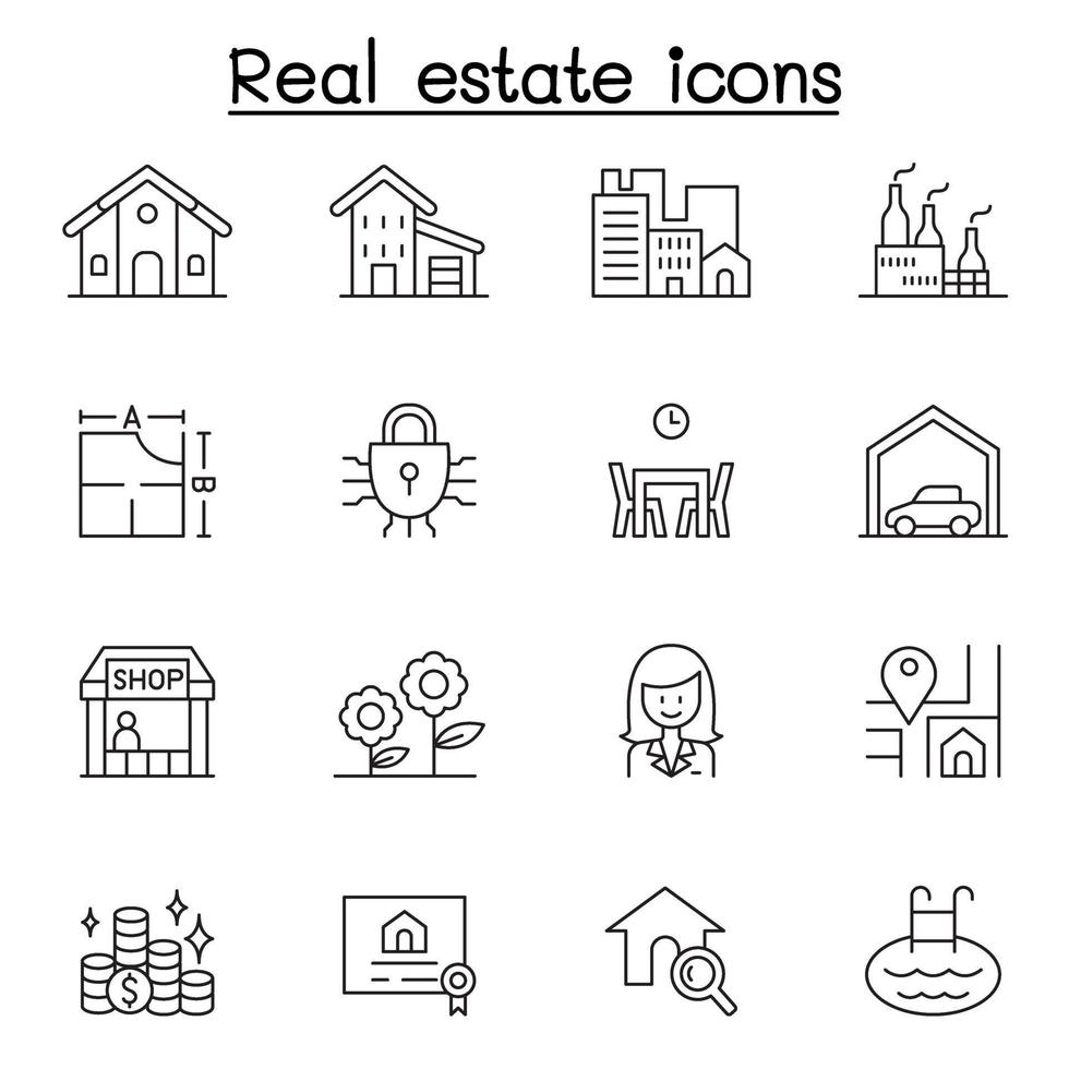 ícone imobiliário definido em estilo de linha fina vetor