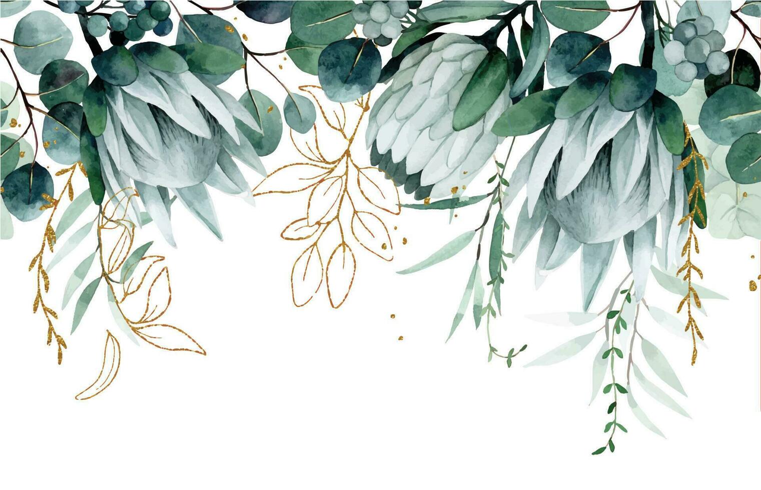 aguarela desenho. desatado fronteira com tropical flores e folhas. protea flores e eucalipto folhas com dourado elementos vetor