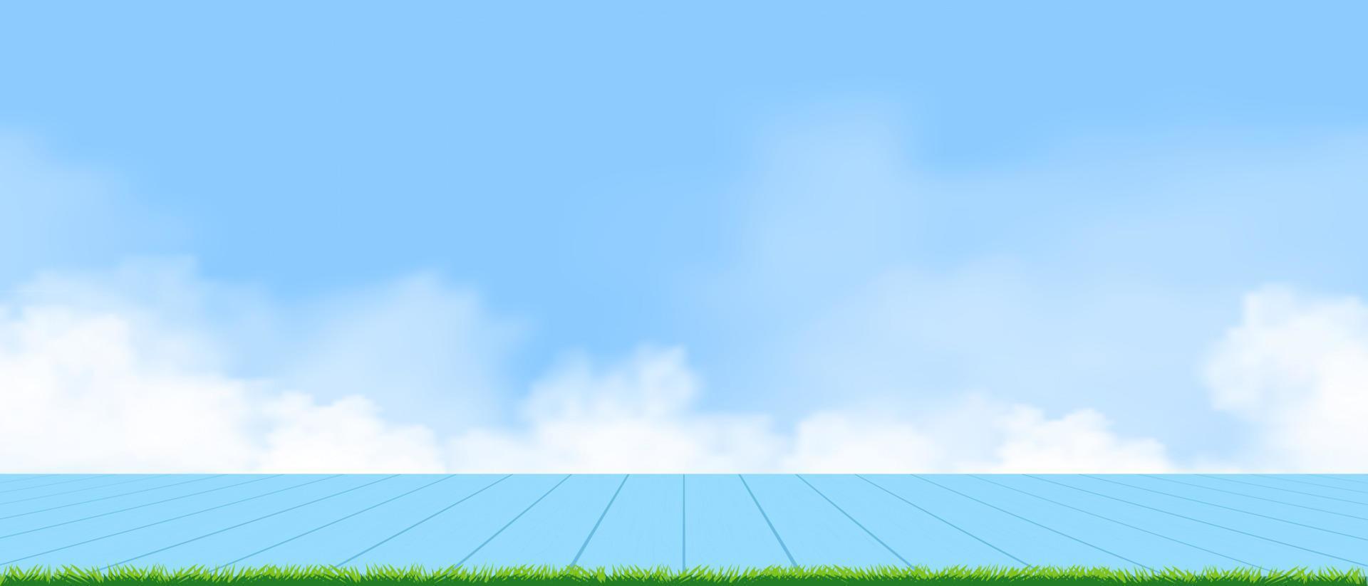 madeira mesa topo em Primavera verde Relva panorama com poderia em azul céu dentro ensolarado dia, vetor desenho animado bandeira de madeira chão em azul em verão campo, pano de fundo fundo para Primavera verão produtos apresentação