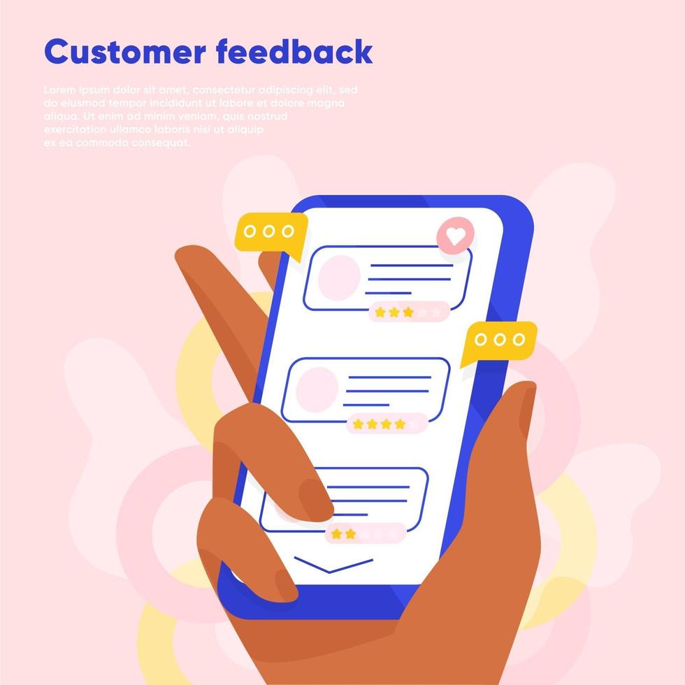 avaliação online do feedback do cliente. mão segurando o smartphone e deixando uma classificação e comentário. cliente lendo feedbacks da empresa. ilustração vetorial plana. vetor