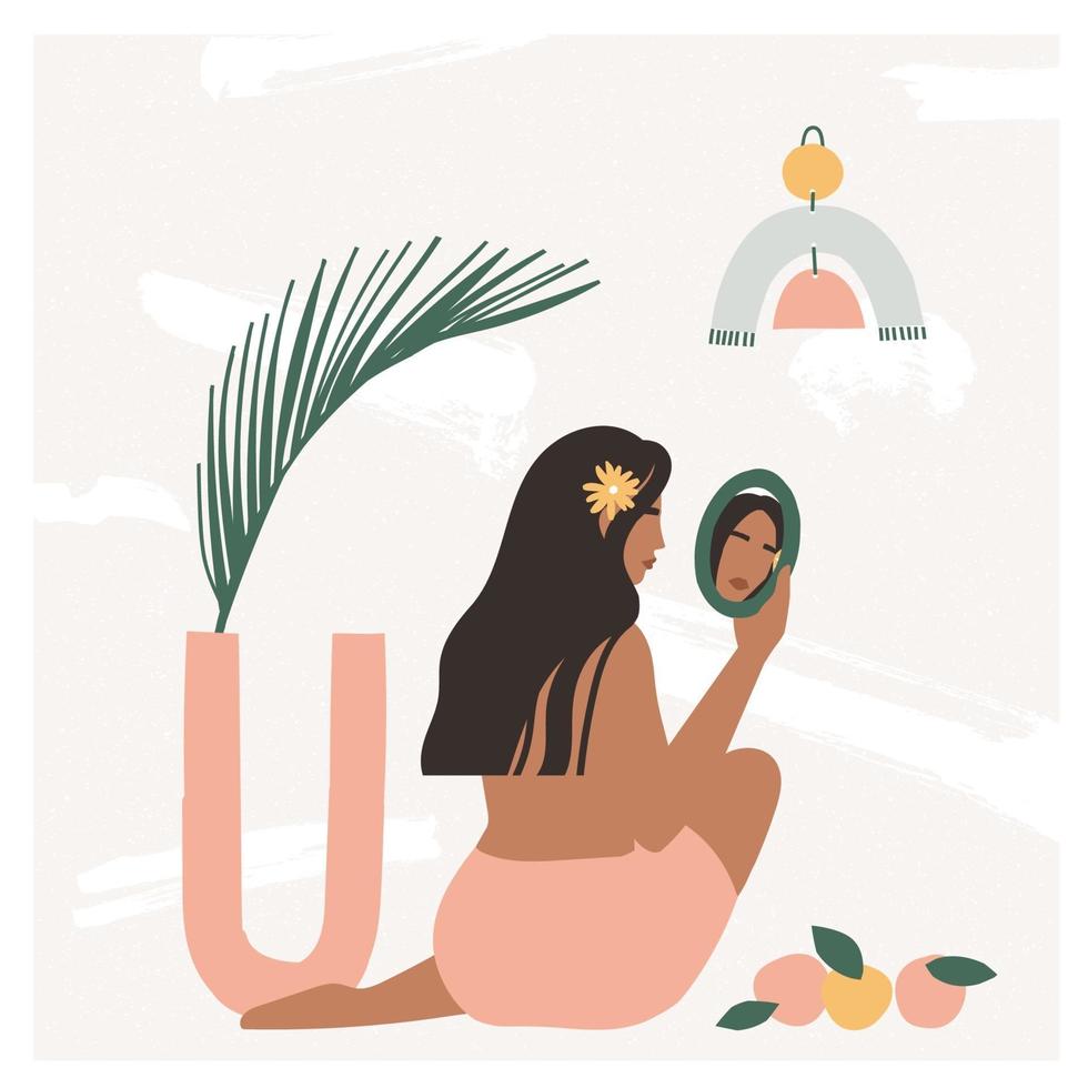 linda mulher boêmia sentada no chão no interior moderno e olhando no espelho. clima de férias de verão, impressão de arte boho chic, terracota. ilustração vetorial plana em cores pastel quentes. vetor