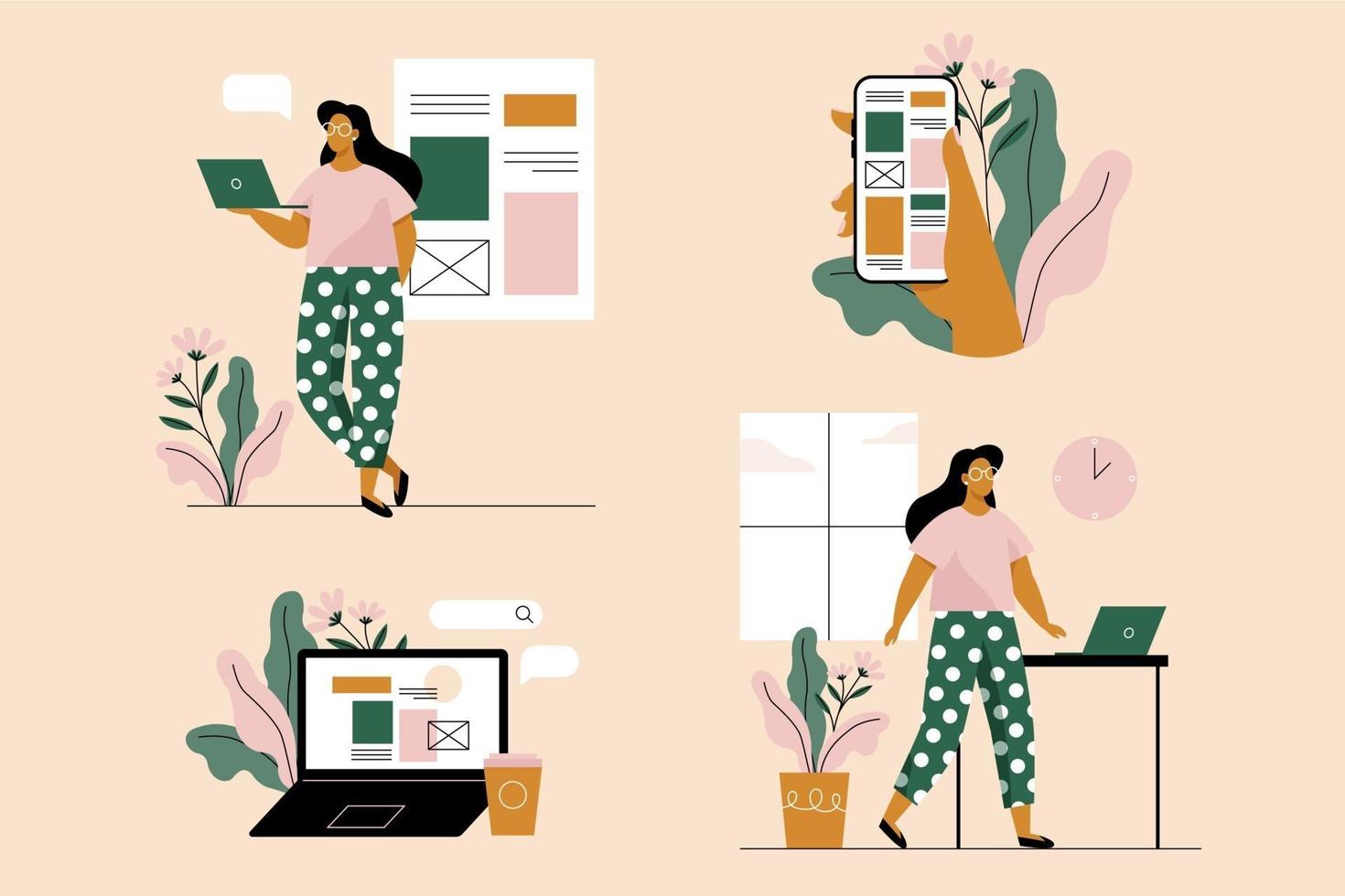 jovem mulher com laptop e smartphone. conjunto de 4 ilustrações. ilustração vetorial em estilo simples. vetor