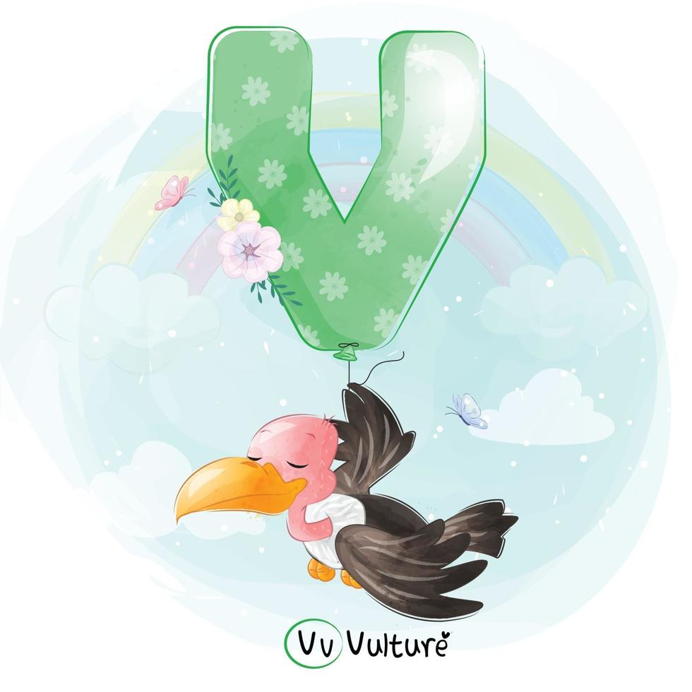 abutre fofo com ilustração de alfabeto v balão vetor