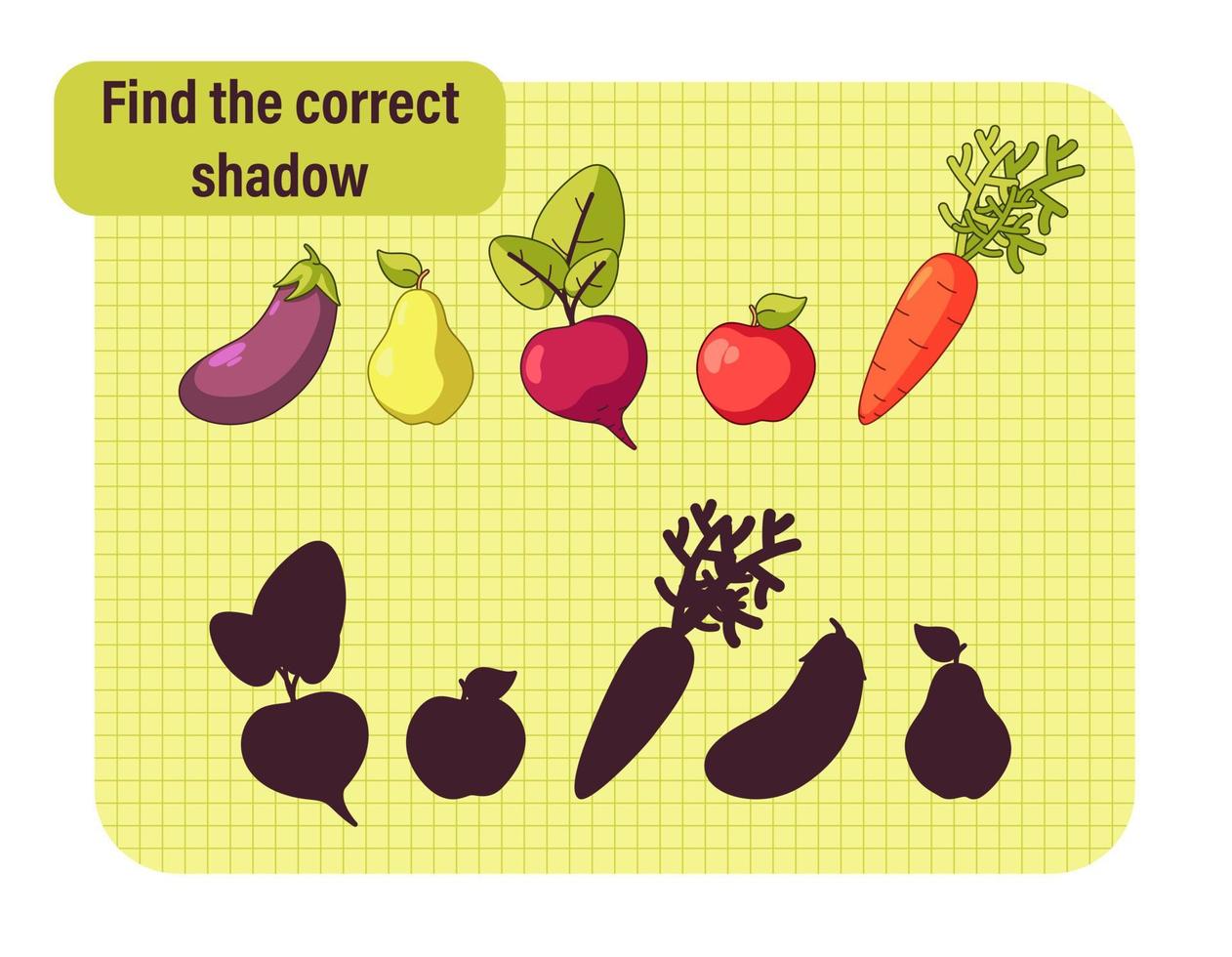 encontrar a corrigir sombra jogos com frutas e legumes. desenho animado vetor ilustração. educacional jogos para crianças.