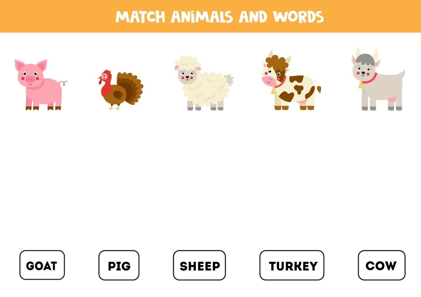 combinando animais de fazenda e as palavras. jogo educativo para crianças. vetor