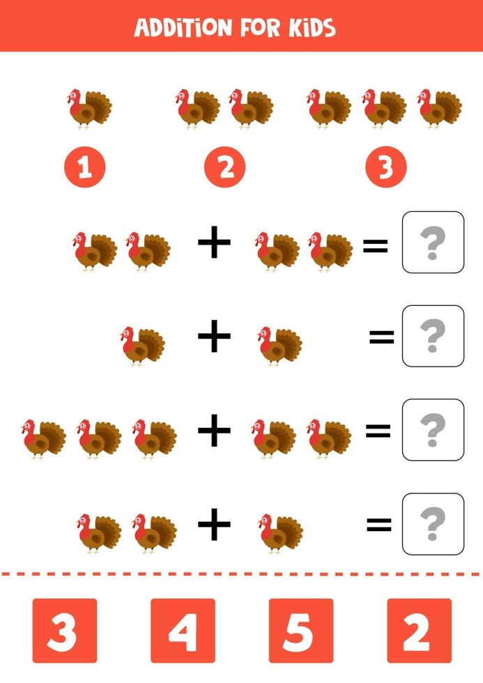 planilha de adição com peru bonito. jogo de matemática. vetor