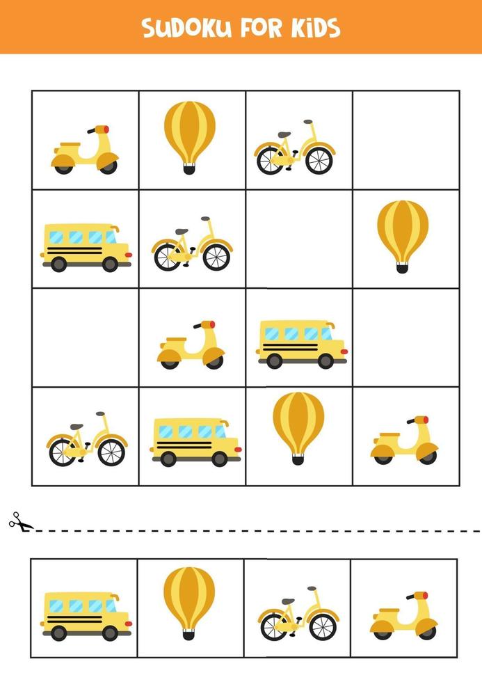 jogo de sudoku com meios de transporte de desenhos animados. vetor