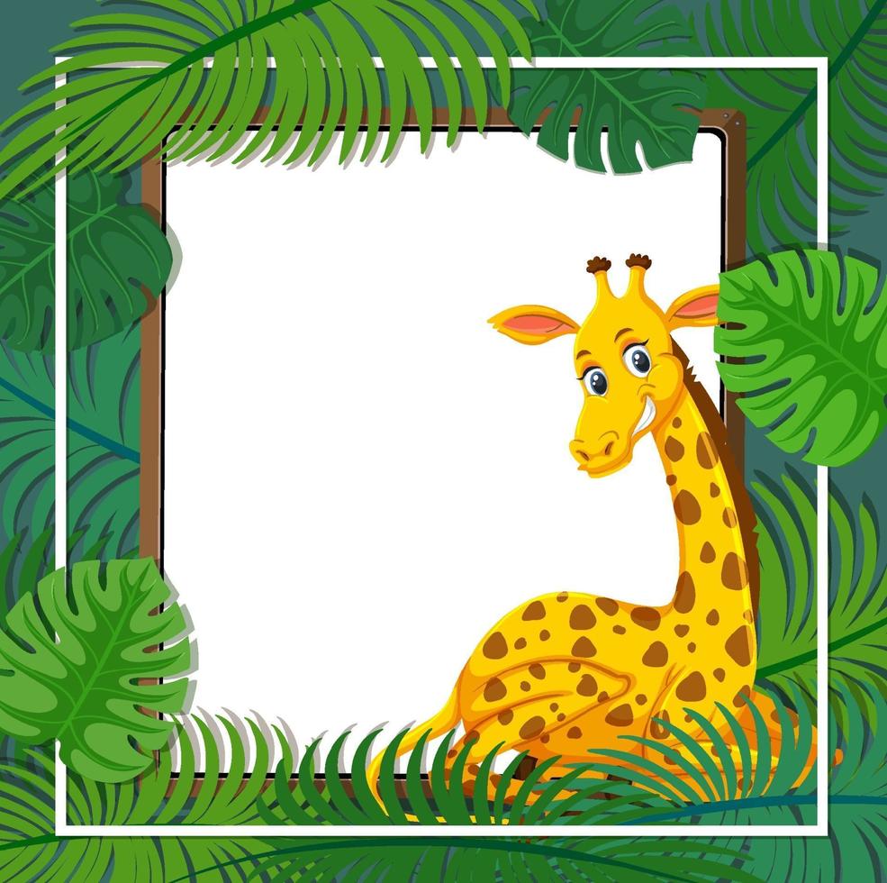 modelo de banner de folhas tropicais com um personagem de desenho animado de girafa vetor