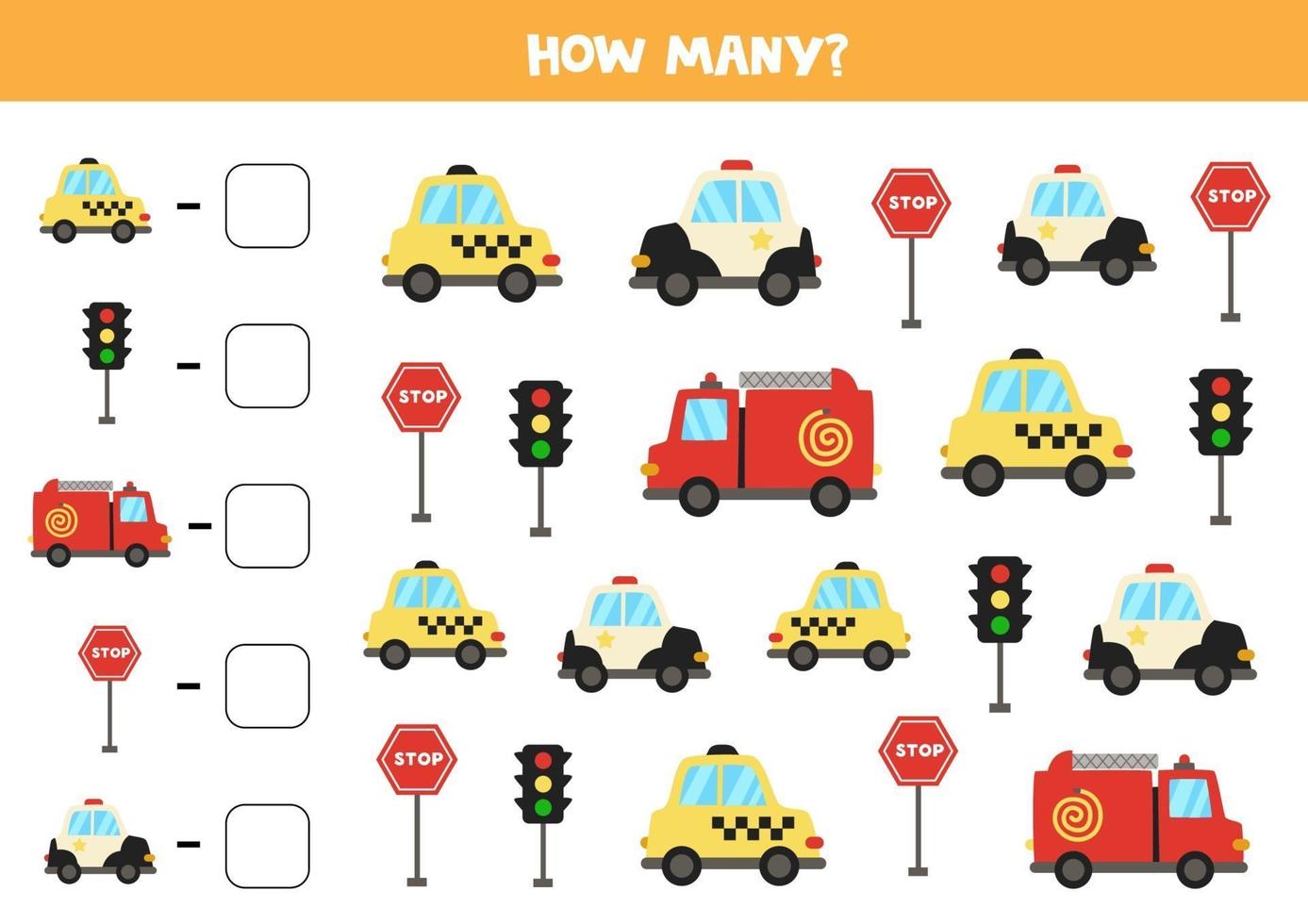 jogo de matemática. conte todos os veículos. jogos temáticos de transporte. vetor