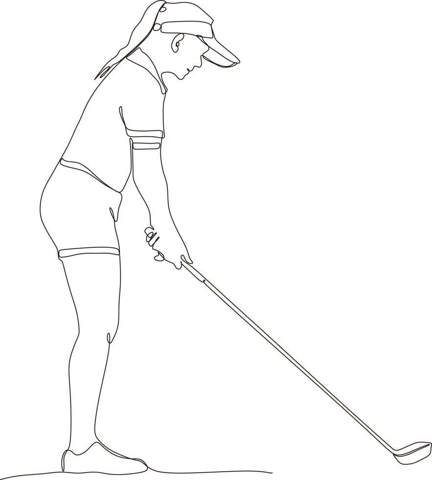 solteiro linha desenhando do jovem fêmea golfe jogador oscilante golfe clube e batendo bola. relaxar esporte conceito. torneio promoção Projeto vetor gráfico ilustração