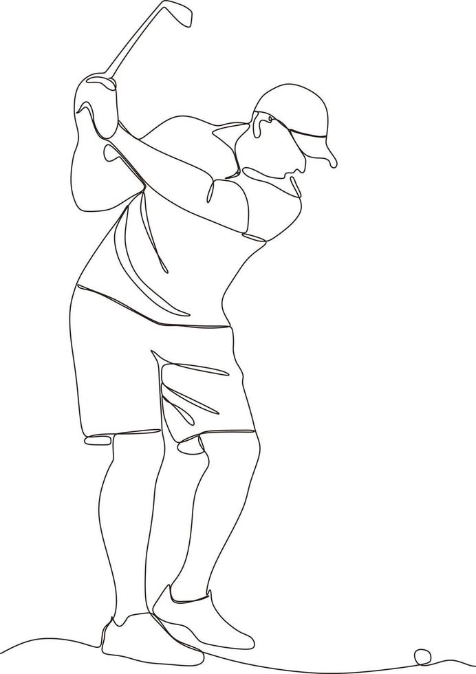 1 linha desenhando do jovem golfe jogador oscilante golfe clube e batendo bola. relaxar esporte conceito. torneio promoção Projeto vetor gráfico ilustração