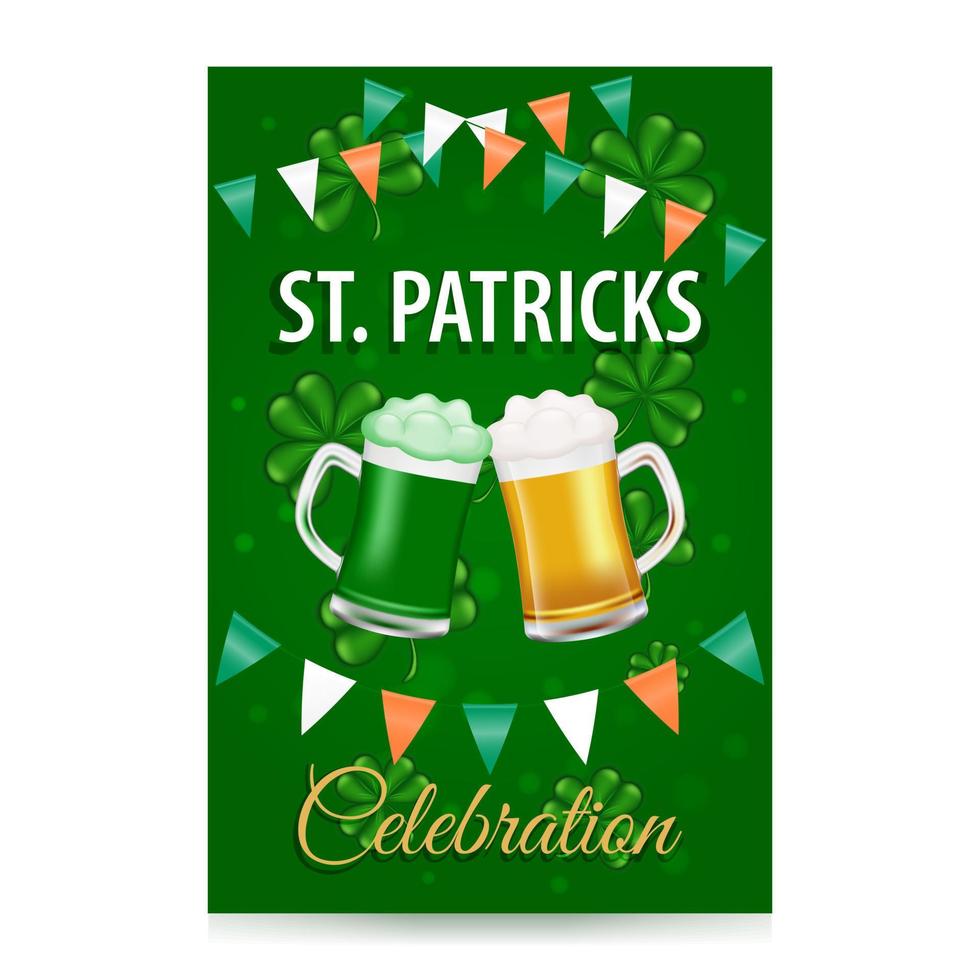 st. patricks dia Cerveja festival convite. cartão postal com Cerveja e cerveja, bandeiras e trevos. verde fundo. vetor ilustração.
