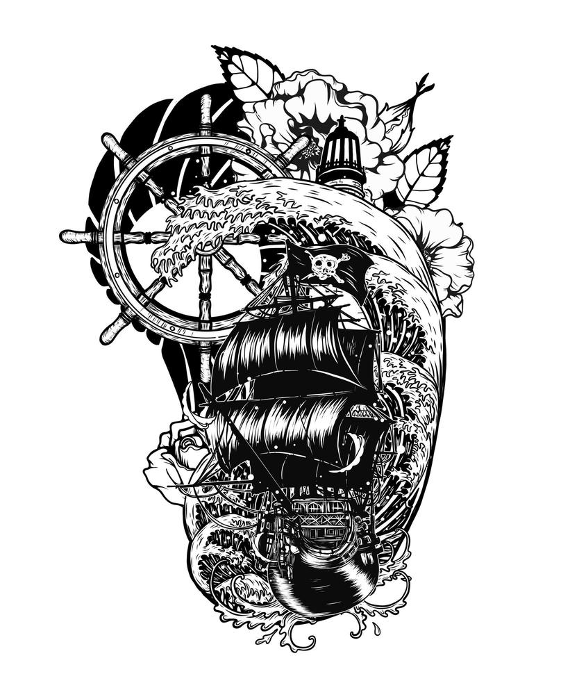 crânio de pirata com desenho de mão de tatuagem de vetor de navio