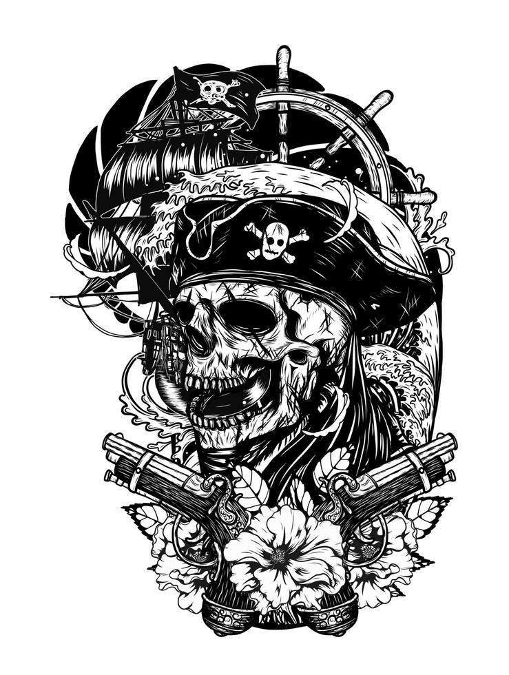 crânio de pirata com desenho de mão de tatuagem de vetor de navio