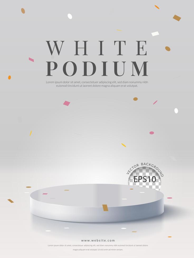 cilindro branco pedestal pódio com confete em branco fundo. vetor ilustração