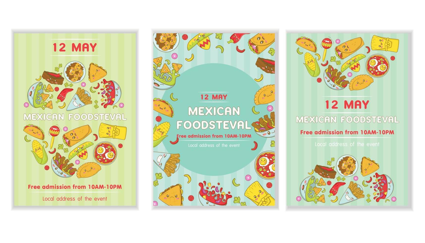 conjunto do mexicano velozes Comida cardápio modelo com kawaii Comida dentro desenho animado rabisco estilo poster para Comida justo e festival vetor