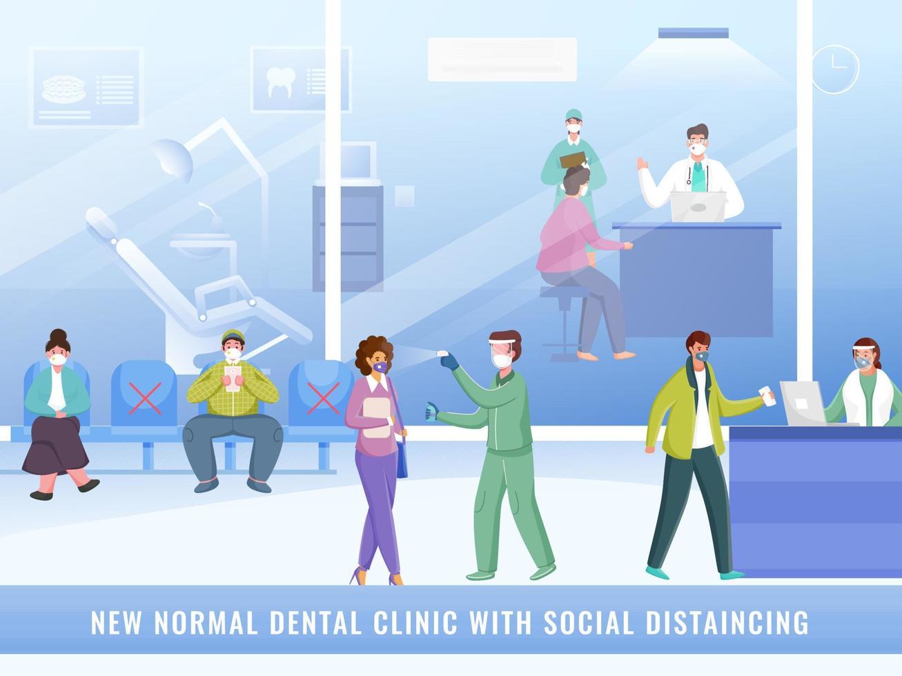 Novo normal dental clínica ou hospital interior Visão com pessoas mantendo social distância para evita a partir de coronavírus. vetor