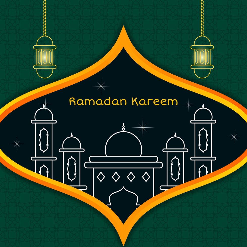 mesquita e lanterna linha arte Projeto para Ramadã kareem cumprimento modelo. mínimo e simples conceito. verde, laranja e branco vetor