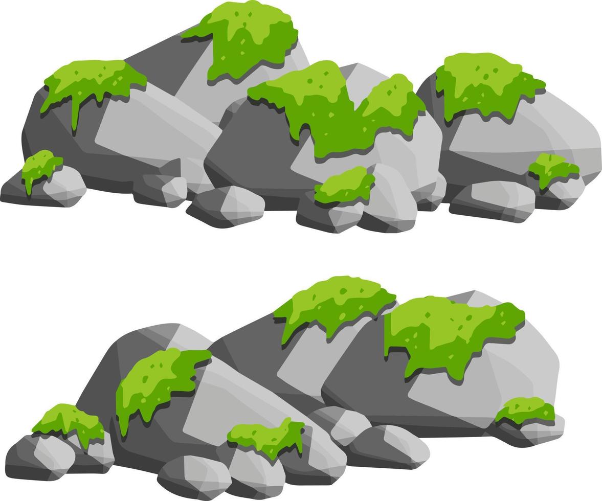 elemento do montanha e floresta. conjunto do pedras com Relva ou musgo para cenário Visão - desenho animado ilustração vetor