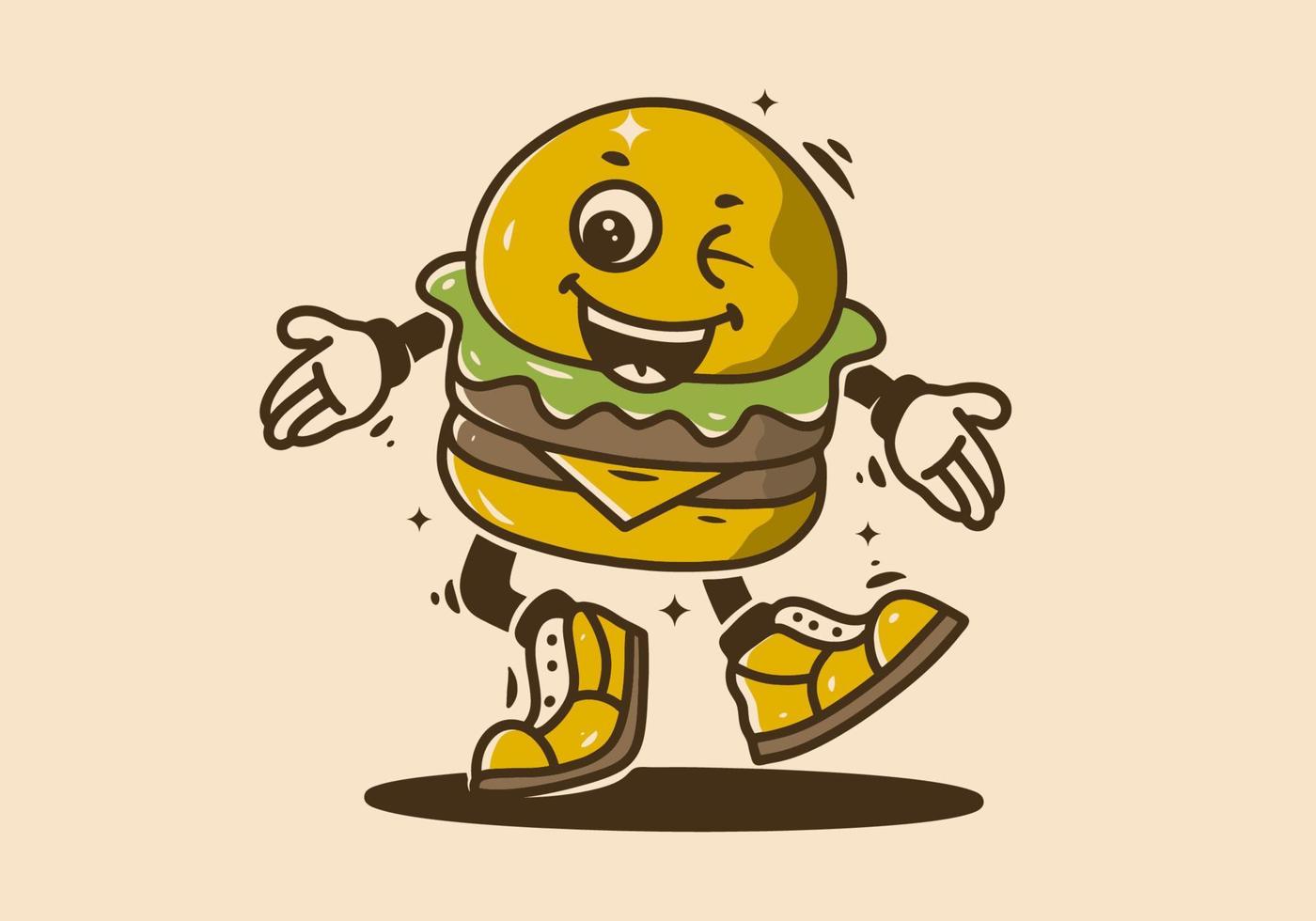 mascote personagem do caminhando hamburguer com feliz face vetor