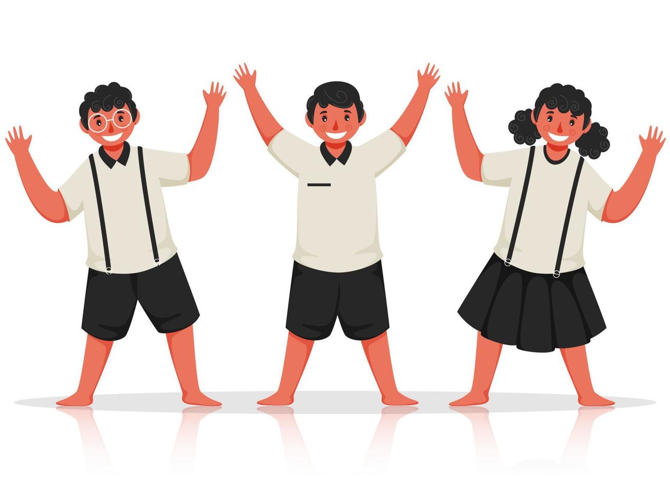 felicidade alunos crianças com levantando mãos dentro em pé pose. vetor