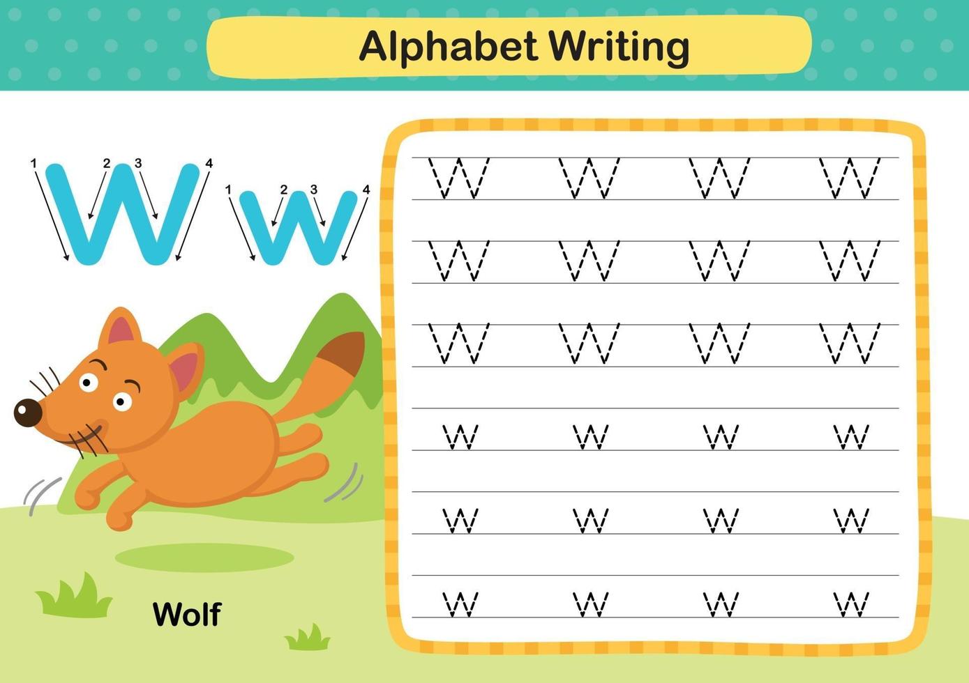 letra do alfabeto lobo exercício com ilustração de vocabulário de desenho animado, vetor