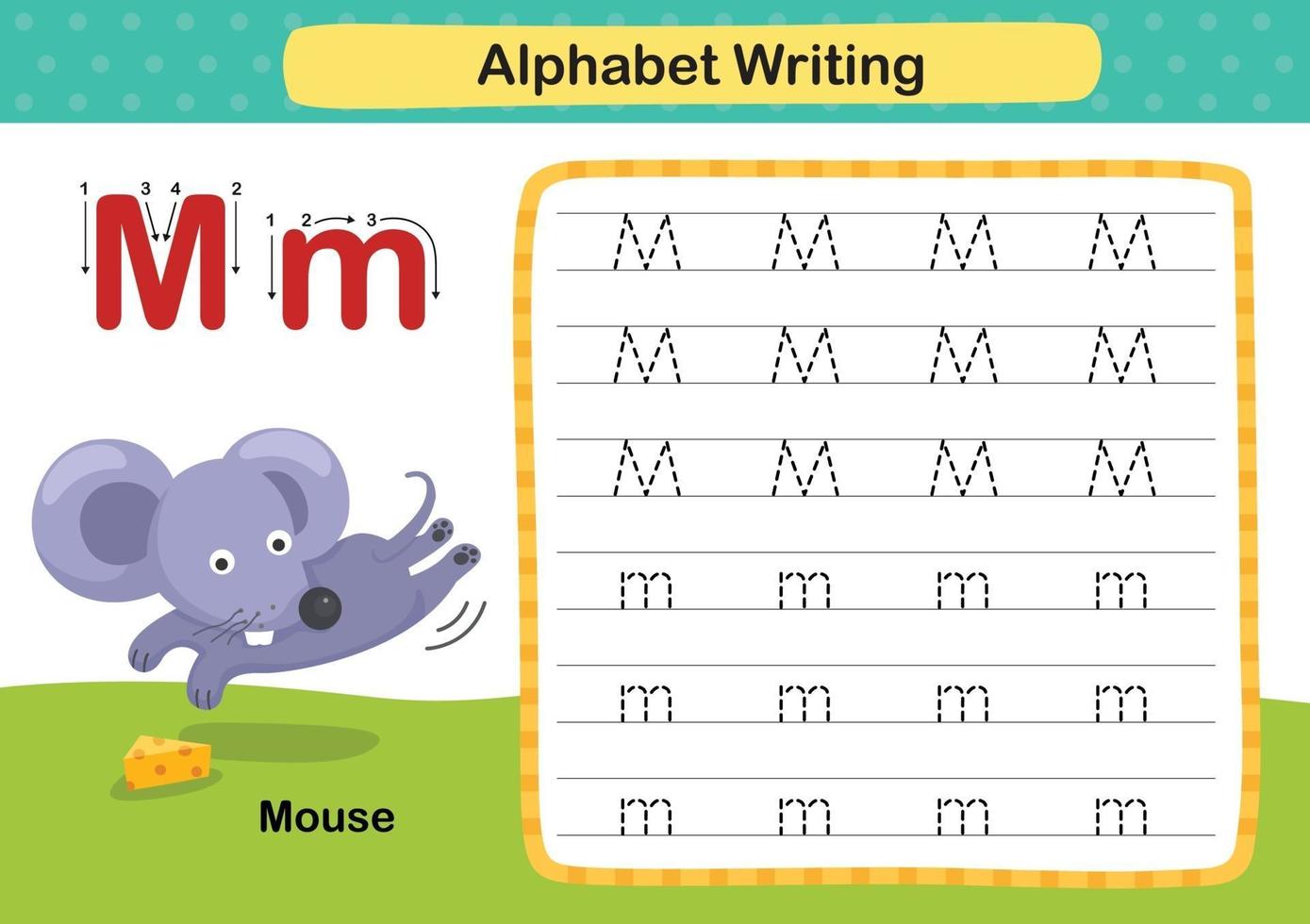 exercício de m-mouse letra do alfabeto com ilustração de vocabulário de desenho animado, vetor