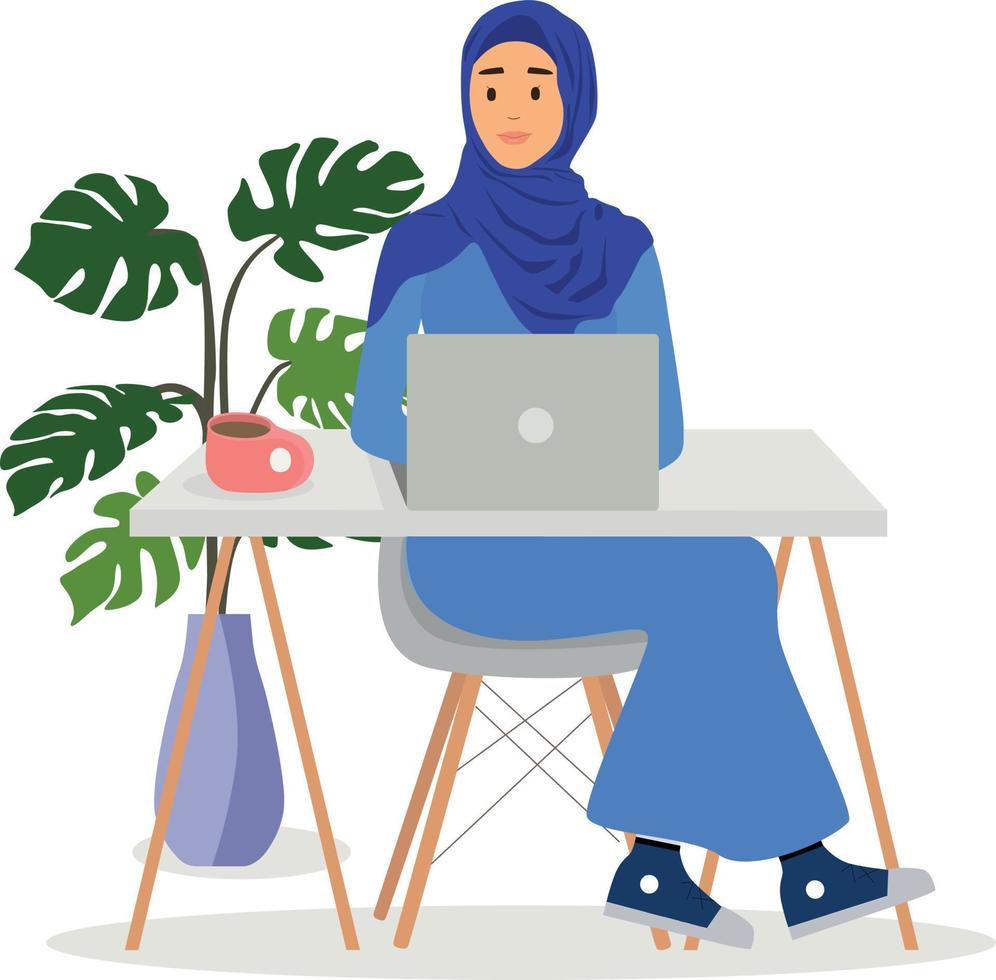 muçulmano o negócio mulher dentro hijab segurando uma computador portátil. uma jovem árabe menina senta dentro uma confortável cadeira às uma mesa com uma computador portátil. muçulmano o negócio mulher dentro hijab trabalho às casa ou escritório. colori vetor